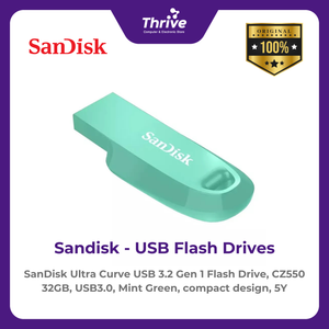 SanDisk Ultra Curve USB 3.2 Gen 1 Flash Drive, CZ550 32GB, USB3.0, Mint Green, compact design, 5Y