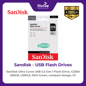 SanDisk Ultra Curve USB 3.2 Gen 1 Flash Drive, CZ550 256GB, USB3.0, Mint Green, compact design, 5Y