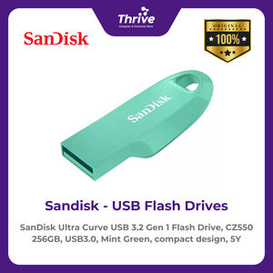 SanDisk Ultra Curve USB 3.2 Gen 1 Flash Drive, CZ550 256GB, USB3.0, Mint Green, compact design, 5Y