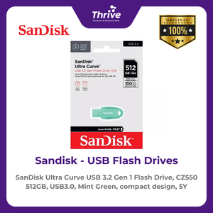 SanDisk Ultra Curve USB 3.2 Gen 1 Flash Drive, CZ550 512GB, USB3.0, Mint Green, compact design, 5Y