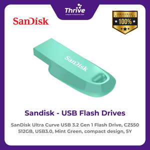 SanDisk Ultra Curve USB 3.2 Gen 1 Flash Drive, CZ550 512GB, USB3.0, Mint Green, compact design, 5Y