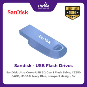 SanDisk Ultra Curve USB 3.2 Gen 1 Flash Drive, CZ550 64GB, USB3.0, Navy Blue, compact design, 5Y