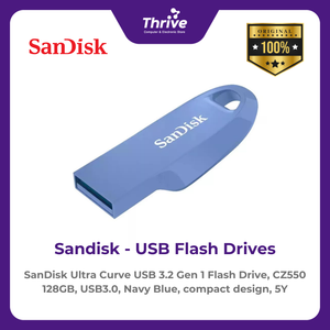 SanDisk Ultra Curve USB 3.2 Gen 1 Flash Drive, CZ550 128GB, USB3.0, Navy Blue, compact design, 5Y