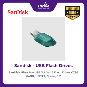 SanDisk Ultra Eco USB 3.2 Gen 1 Flash Drive, CZ96 64GB, USB3.2, Green, 5 Y