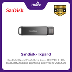 Load image into Gallery viewer, SanDisk iXpand Flash Drive Luxe, SDIX70N 64GB, Black, iOS/Android, Lightning and Type C USB3.1, 2Y
