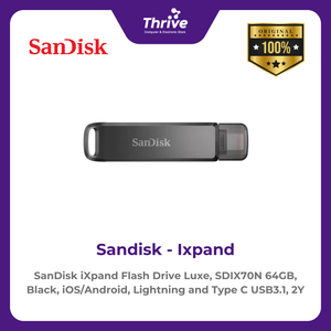 SanDisk iXpand Flash Drive Luxe, SDIX70N 64GB, Black, iOS/Android, Lightning and Type C USB3.1, 2Y