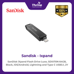 Load image into Gallery viewer, SanDisk iXpand Flash Drive Luxe, SDIX70N 64GB, Black, iOS/Android, Lightning and Type C USB3.1, 2Y
