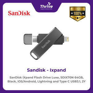 SanDisk iXpand Flash Drive Luxe, SDIX70N 64GB, Black, iOS/Android, Lightning and Type C USB3.1, 2Y