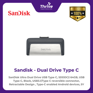 SanDisk Ultra Dual Drive USB Type C, SDDDC2 64GB, USB Type C, Black, USB3.1/Type C reversible connector, Retractable Design , Type-C enabled Android devices, 5Y