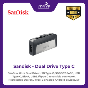 SanDisk Ultra Dual Drive USB Type C, SDDDC2 64GB, USB Type C, Black, USB3.1/Type C reversible connector, Retractable Design , Type-C enabled Android devices, 5Y