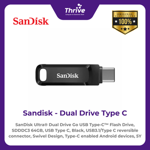 SanDisk Ultra® Dual Drive Go USB Type-C™ Flash Drive, SDDDC3 64GB, USB Type C, Black, USB3.1/Type C reversible connector, Swivel Design, Type-C enabled Android devices, 5Y
