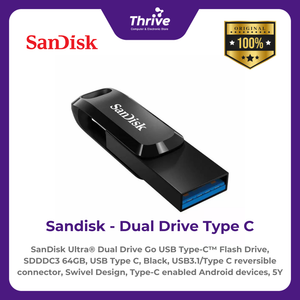 SanDisk Ultra® Dual Drive Go USB Type-C™ Flash Drive, SDDDC3 64GB, USB Type C, Black, USB3.1/Type C reversible connector, Swivel Design, Type-C enabled Android devices, 5Y