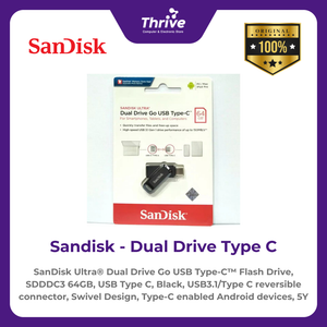 SanDisk Ultra® Dual Drive Go USB Type-C™ Flash Drive, SDDDC3 64GB, USB Type C, Black, USB3.1/Type C reversible connector, Swivel Design, Type-C enabled Android devices, 5Y