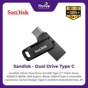 SanDisk Ultra® Dual Drive Go USB Type-C™ Flash Drive, SDDDC3 128GB, USB Type C, Black, USB3.1/Type C reversible connector, Swivel Design, Type-C enabled Android devices, 5Y