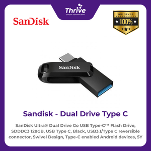 SanDisk Ultra® Dual Drive Go USB Type-C™ Flash Drive, SDDDC3 128GB, USB Type C, Black, USB3.1/Type C reversible connector, Swivel Design, Type-C enabled Android devices, 5Y