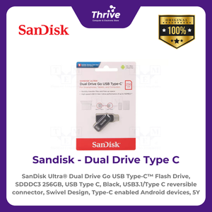 SanDisk Ultra® Dual Drive Go USB Type-C™ Flash Drive, SDDDC3 256GB, USB Type C, Black, USB3.1/Type C reversible connector, Swivel Design, Type-C enabled Android devices, 5Y