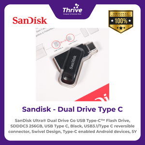 SanDisk Ultra® Dual Drive Go USB Type-C™ Flash Drive, SDDDC3 256GB, USB Type C, Black, USB3.1/Type C reversible connector, Swivel Design, Type-C enabled Android devices, 5Y