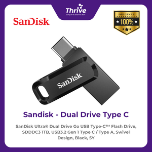 SanDisk Ultra® Dual Drive Go USB Type-C™ Flash Drive, SDDDC3 1TB, USB3.2 Gen 1 Type C / Type A, Swivel Design, Black, 5Y