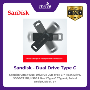 SanDisk Ultra® Dual Drive Go USB Type-C™ Flash Drive, SDDDC3 1TB, USB3.2 Gen 1 Type C / Type A, Swivel Design, Black, 5Y