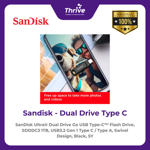 SanDisk Ultra® Dual Drive Go USB Type-C™ Flash Drive, SDDDC3 1TB, USB3.2 Gen 1 Type C / Type A, Swivel Design, Black, 5Y