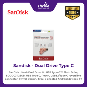 SanDisk Ultra® Dual Drive Go USB Type-C™ Flash Drive, SDDDC3 128GB, USB Type C, Peach, USB3.1/Type C reversible connector, Swivel Design, Type-C enabled Android devices, 5Y