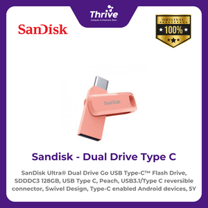 SanDisk Ultra® Dual Drive Go USB Type-C™ Flash Drive, SDDDC3 128GB, USB Type C, Peach, USB3.1/Type C reversible connector, Swivel Design, Type-C enabled Android devices, 5Y