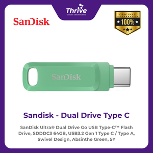 SanDisk Ultra® Dual Drive Go USB Type-C™ Flash Drive, SDDDC3 64GB, USB3.2 Gen 1 Type C / Type A, Swivel Design, Absinthe Green, 5Y