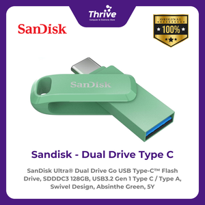 SanDisk Ultra® Dual Drive Go USB Type-C™ Flash Drive, SDDDC3 128GB, USB3.2 Gen 1 Type C / Type A, Swivel Design, Absinthe Green, 5Y