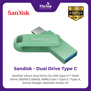 SanDisk Ultra® Dual Drive Go USB Type-C™ Flash Drive, SDDDC3 256GB, USB3.2 Gen 1 Type C / Type A, Swivel Design, Absinthe Green, 5Y