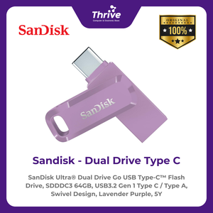 SanDisk Ultra® Dual Drive Go USB Type-C™ Flash Drive, SDDDC3 64GB, USB3.2 Gen 1 Type C / Type A, Swivel Design, Lavender Purple, 5Y