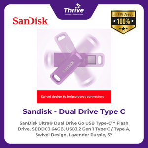 SanDisk Ultra® Dual Drive Go USB Type-C™ Flash Drive, SDDDC3 64GB, USB3.2 Gen 1 Type C / Type A, Swivel Design, Lavender Purple, 5Y