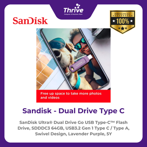 SanDisk Ultra® Dual Drive Go USB Type-C™ Flash Drive, SDDDC3 64GB, USB3.2 Gen 1 Type C / Type A, Swivel Design, Lavender Purple, 5Y