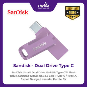 SanDisk Ultra® Dual Drive Go USB Type-C™ Flash Drive, SDDDC3 128GB, USB3.2 Gen 1 Type C / Type A, Swivel Design, Lavender Purple, 5Y