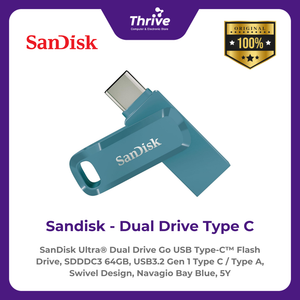 SanDisk Ultra® Dual Drive Go USB Type-C™ Flash Drive, SDDDC3 64GB, USB3.2 Gen 1 Type C / Type A, Swivel Design, Navagio Bay Blue, 5Y