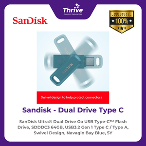 SanDisk Ultra® Dual Drive Go USB Type-C™ Flash Drive, SDDDC3 64GB, USB3.2 Gen 1 Type C / Type A, Swivel Design, Navagio Bay Blue, 5Y