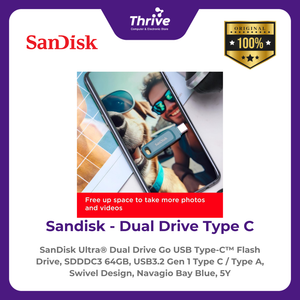 SanDisk Ultra® Dual Drive Go USB Type-C™ Flash Drive, SDDDC3 64GB, USB3.2 Gen 1 Type C / Type A, Swivel Design, Navagio Bay Blue, 5Y