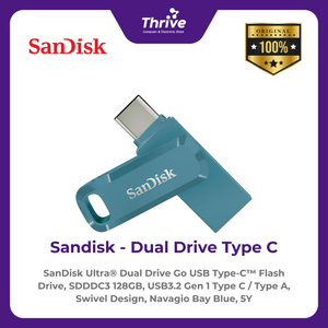 SanDisk Ultra® Dual Drive Go USB Type-C™ Flash Drive, SDDDC3 128GB, USB3.2 Gen 1 Type C / Type A, Swivel Design, Navagio Bay Blue, 5Y