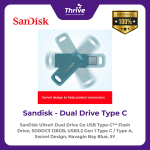 SanDisk Ultra® Dual Drive Go USB Type-C™ Flash Drive, SDDDC3 128GB, USB3.2 Gen 1 Type C / Type A, Swivel Design, Navagio Bay Blue, 5Y