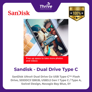 SanDisk Ultra® Dual Drive Go USB Type-C™ Flash Drive, SDDDC3 128GB, USB3.2 Gen 1 Type C / Type A, Swivel Design, Navagio Bay Blue, 5Y