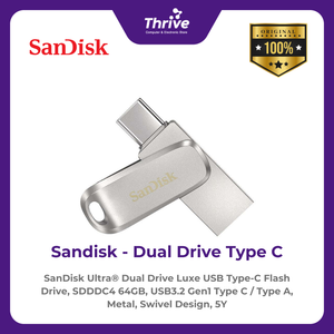 SanDisk Ultra® Dual Drive Luxe USB Type-C Flash Drive, SDDDC4 64GB, USB3.2 Gen1 Type C / Type A, Metal, Swivel Design, 5Y