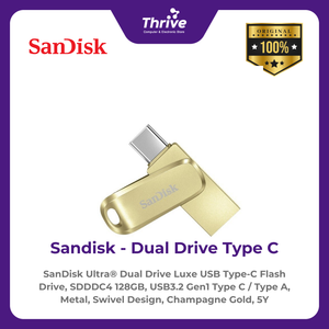 SanDisk Ultra® Dual Drive Luxe USB Type-C Flash Drive, SDDDC4 128GB, USB3.2 Gen1 Type C / Type A, Metal, Swivel Design, Champagne Gold, 5Y