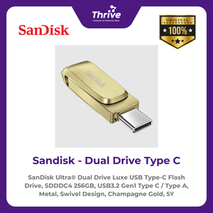 SanDisk Ultra® Dual Drive Luxe USB Type-C Flash Drive, SDDDC4 256GB, USB3.2 Gen1 Type C / Type A, Metal, Swivel Design, Champagne Gold, 5Y