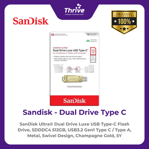 SanDisk Ultra® Dual Drive Luxe USB Type-C Flash Drive, SDDDC4 512GB, USB3.2 Gen1 Type C / Type A, Metal, Swivel Design, Champagne Gold, 5Y