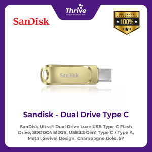 SanDisk Ultra® Dual Drive Luxe USB Type-C Flash Drive, SDDDC4 512GB, USB3.2 Gen1 Type C / Type A, Metal, Swivel Design, Champagne Gold, 5Y