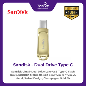 SanDisk Ultra® Dual Drive Luxe USB Type-C Flash Drive, SDDDC4 512GB, USB3.2 Gen1 Type C / Type A, Metal, Swivel Design, Champagne Gold, 5Y