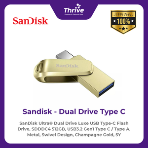 SanDisk Ultra® Dual Drive Luxe USB Type-C Flash Drive, SDDDC4 512GB, USB3.2 Gen1 Type C / Type A, Metal, Swivel Design, Champagne Gold, 5Y