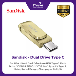 SanDisk Ultra® Dual Drive Luxe USB Type-C Flash Drive, SDDDC4 512GB, USB3.2 Gen1 Type C / Type A, Metal, Swivel Design, Champagne Gold, 5Y