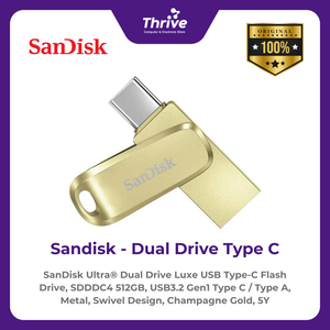 SanDisk Ultra® Dual Drive Luxe USB Type-C Flash Drive, SDDDC4 512GB, USB3.2 Gen1 Type C / Type A, Metal, Swivel Design, Champagne Gold, 5Y