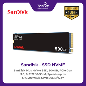 SanDisk Plus NVMe SSD, 500GB, PCIe Gen 3.0, M.2 2280-S3-M, Speeds up to SR2400MB/s, SW1500MB/s, 3Y