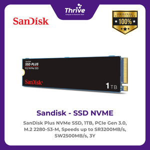 SanDisk Plus NVMe SSD, 1TB, PCIe Gen 3.0, M.2 2280-S3-M, Speeds up to SR3200MB/s, SW2500MB/s, 3Y